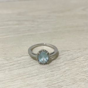 Aquamarine and Diamonds Halo Ring - Size 7 White Gold